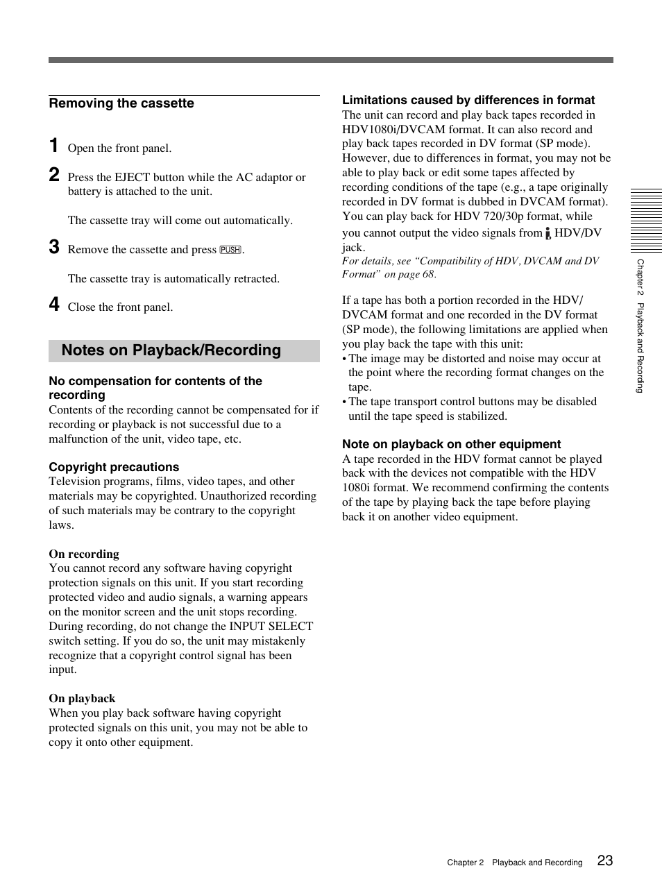 Notes on playback/recording | Sony 1080i User Manual | Page 23 / 76