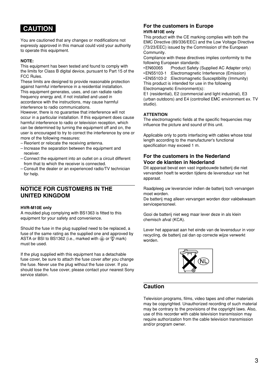 Caution, Notice for customers in the united kingdom, English | Sony 1080i User Manual | Page 3 / 76