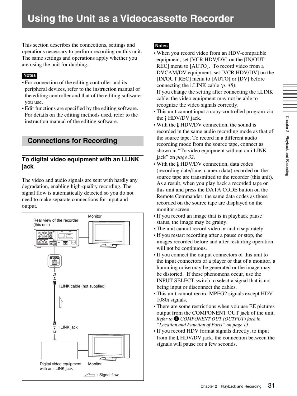 Using the unit as a videocassette recorder, Connections for recording | Sony 1080i User Manual | Page 31 / 76