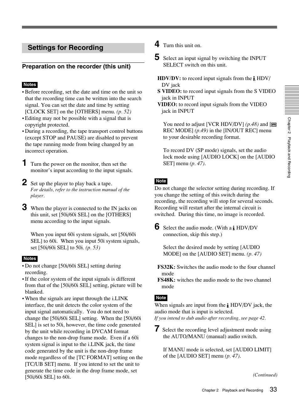 Settings for recording | Sony 1080i User Manual | Page 33 / 76