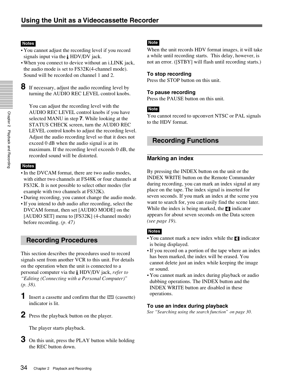 Recording procedures, Recording functions, Using the unit as a videocassette recorder | Sony 1080i User Manual | Page 34 / 76
