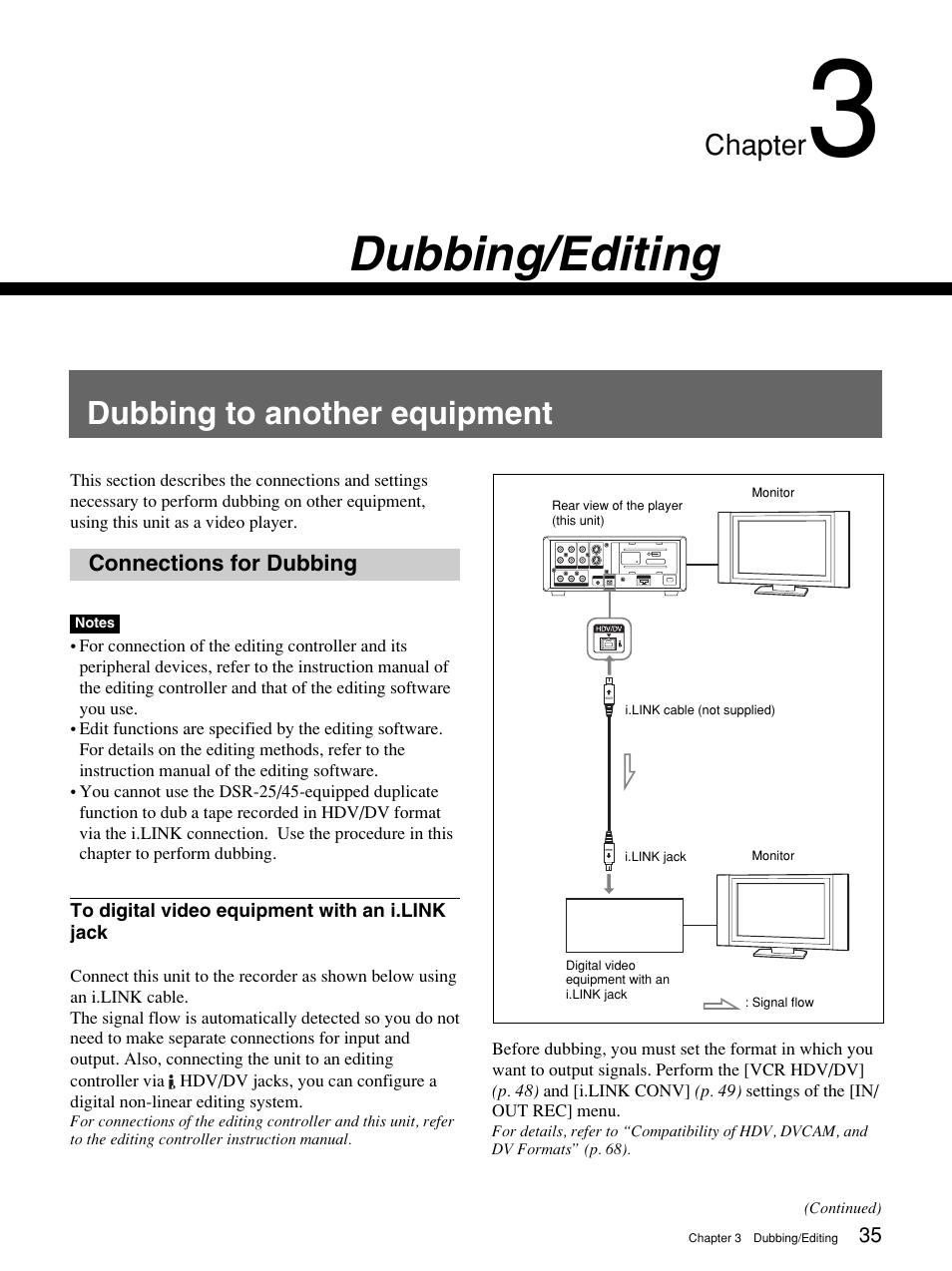Chapter 3 dubbing/editing, Dubbing to another equipment, Connections for dubbing | Dubbing/editing, Chapter | Sony 1080i User Manual | Page 35 / 76