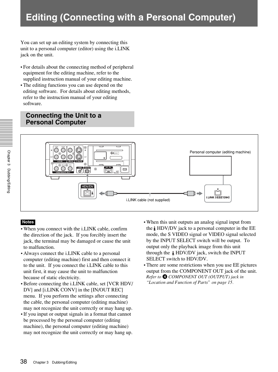 Editing (connecting with a personal computer), Connecting the unit to a personal computer | Sony 1080i User Manual | Page 38 / 76