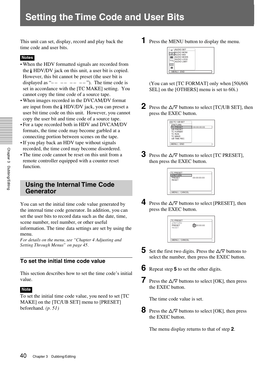 Setting the time code and user bits, Using the internal time code generator | Sony 1080i User Manual | Page 40 / 76