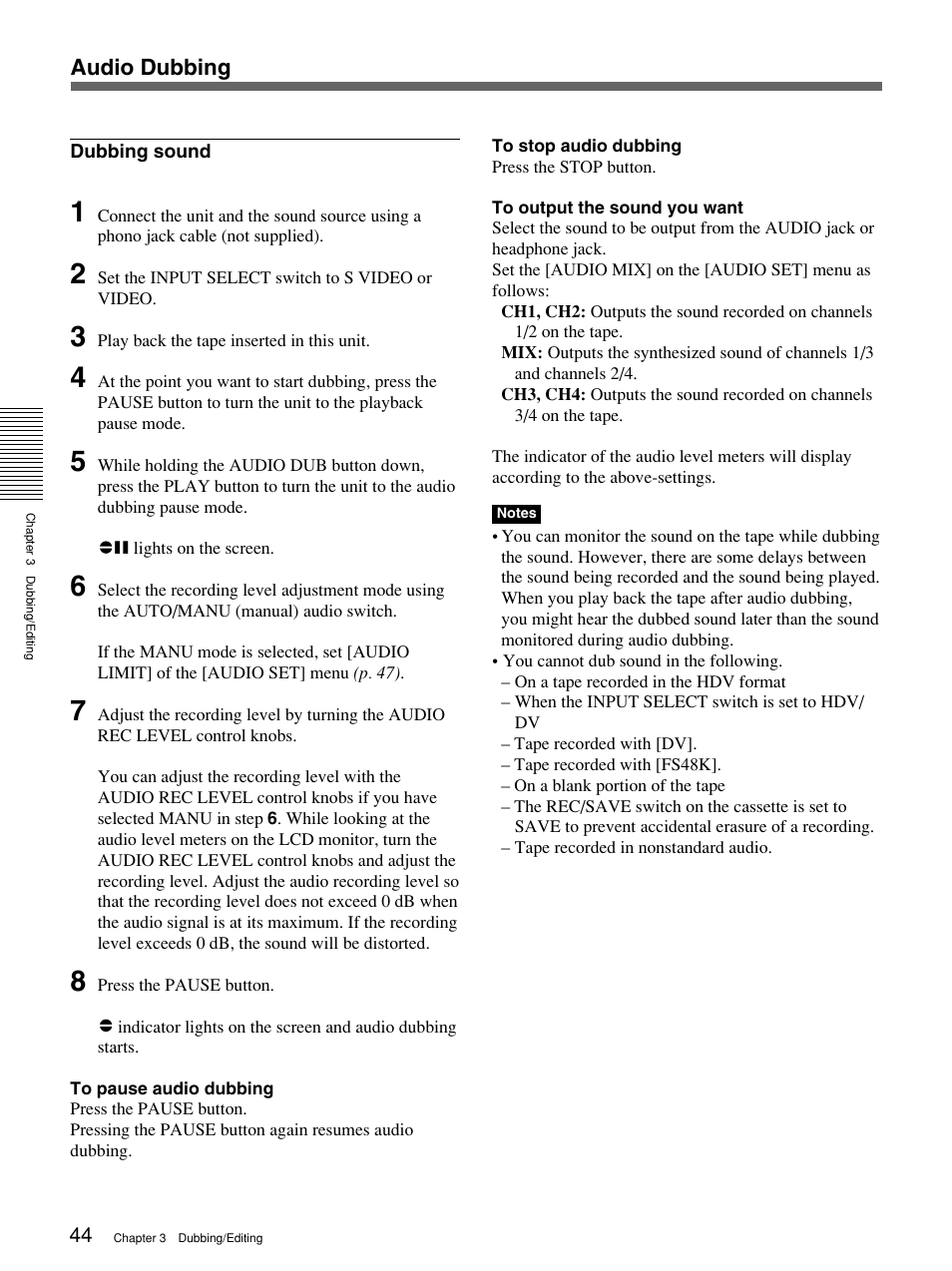 Audio dubbing | Sony 1080i User Manual | Page 44 / 76