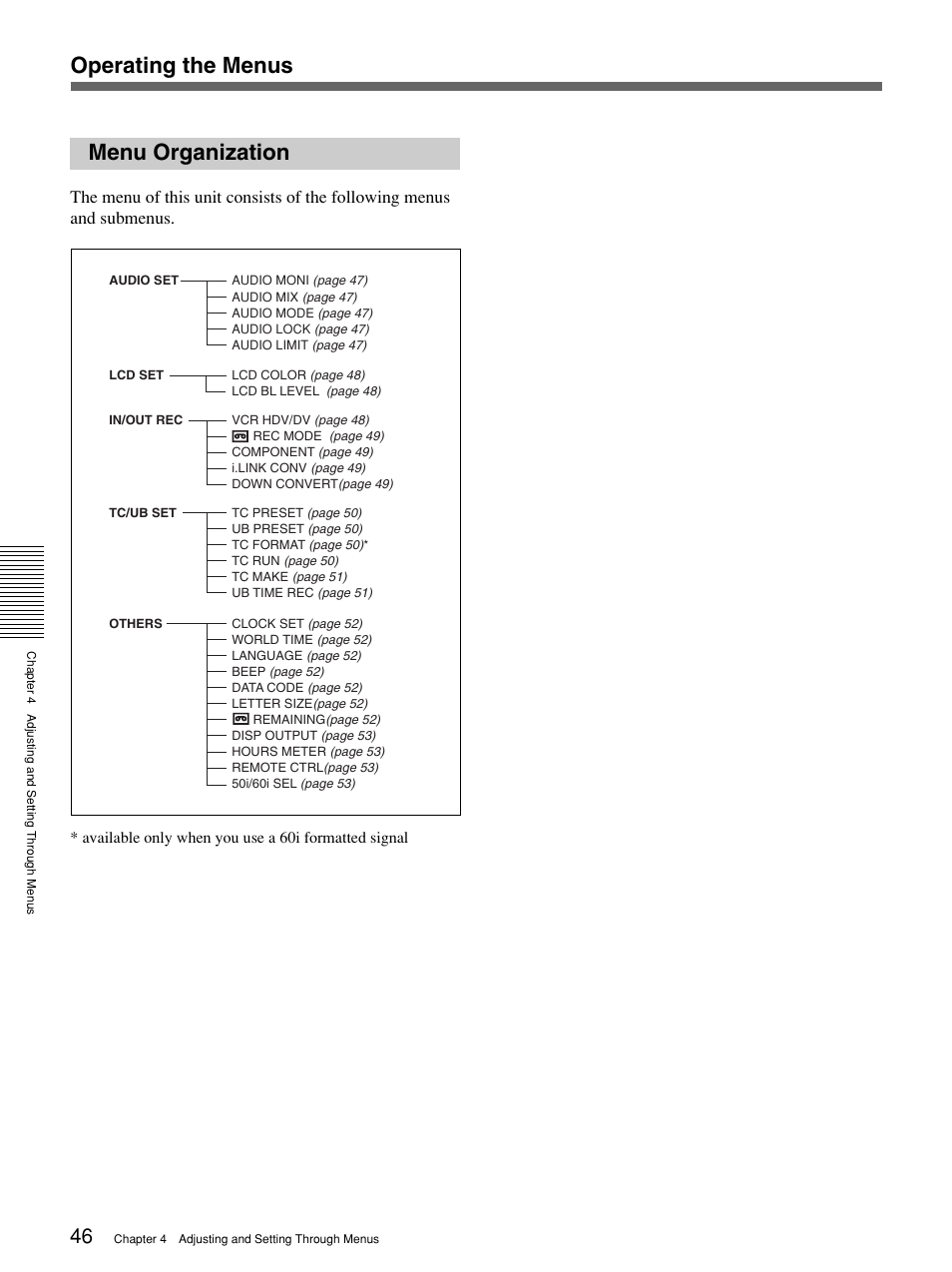 Menu organization, Operating the menus | Sony 1080i User Manual | Page 46 / 76
