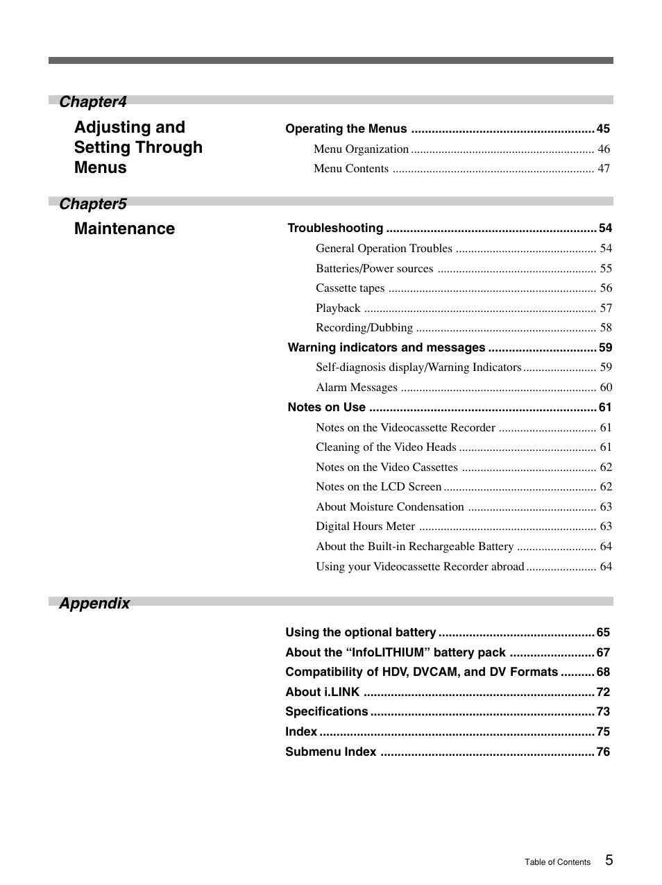 Adjusting and setting through menus, Maintenance, Chapter4 | Chapter5, Appendix | Sony 1080i User Manual | Page 5 / 76