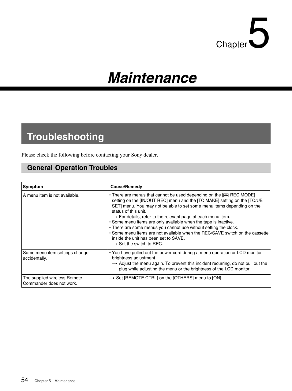 Chapter 5 maintenance, Troubleshooting, General operation troubles | Maintenance, Chapter | Sony 1080i User Manual | Page 54 / 76
