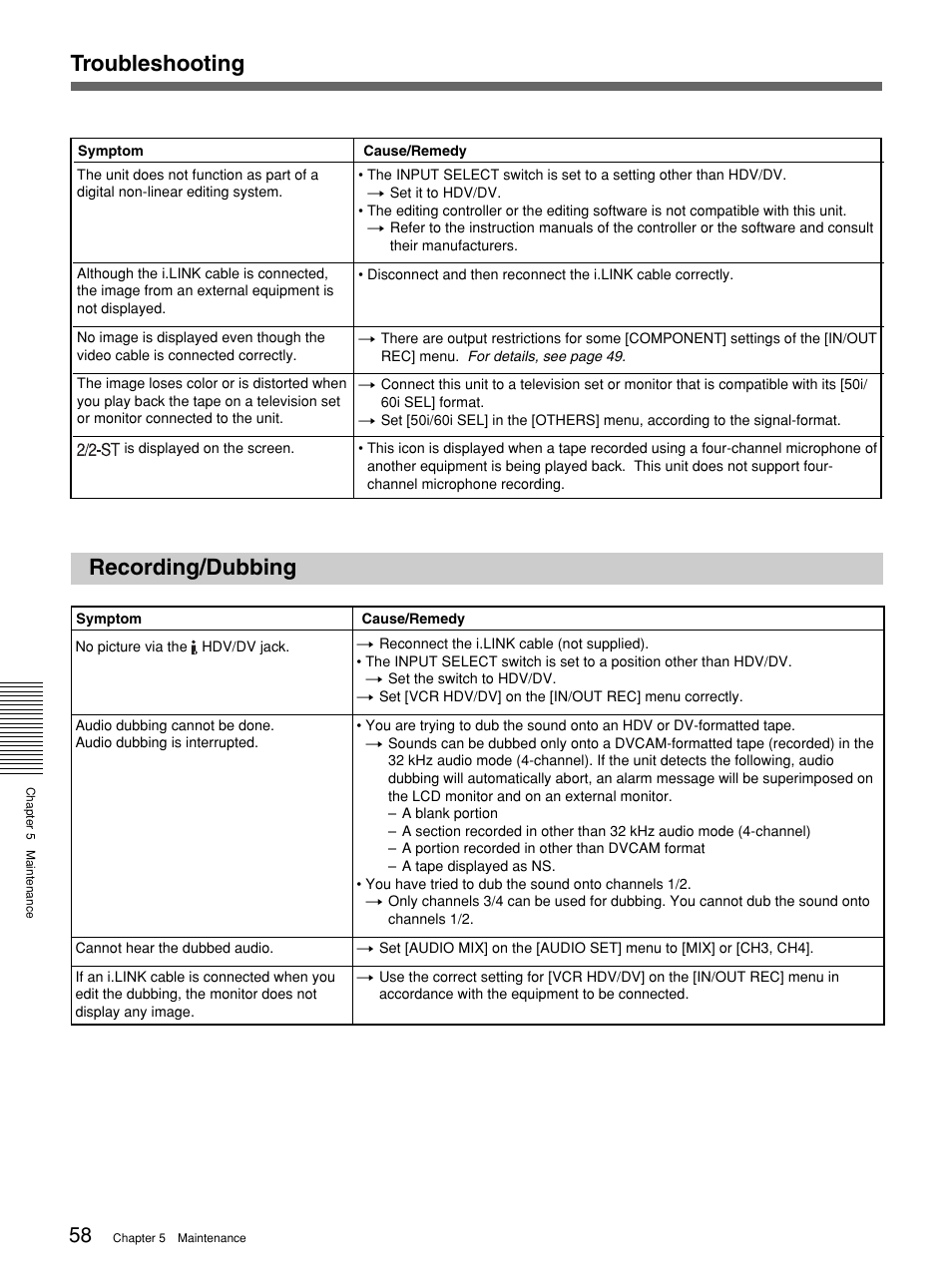 Recording/dubbing, Troubleshooting | Sony 1080i User Manual | Page 58 / 76