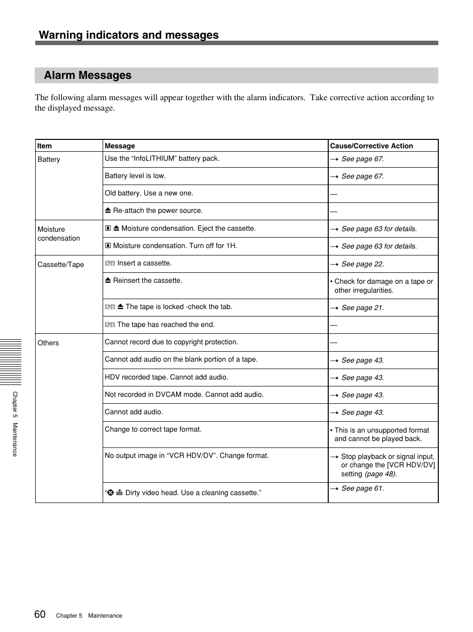 Alarm messages, Warning indicators and messages | Sony 1080i User Manual | Page 60 / 76