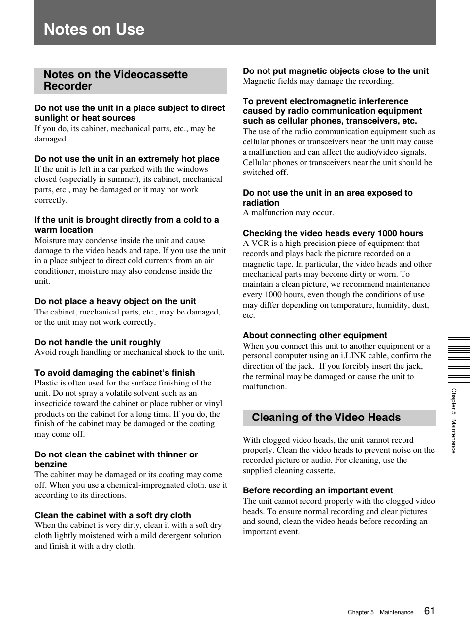 Notes on use, Notes on the videocassette recorder, Cleaning of the video heads | Sony 1080i User Manual | Page 61 / 76