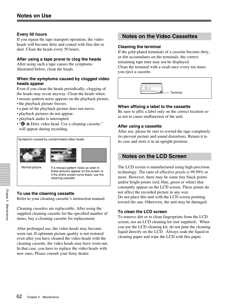 Notes on the lcd screen | Sony 1080i User Manual | Page 62 / 76