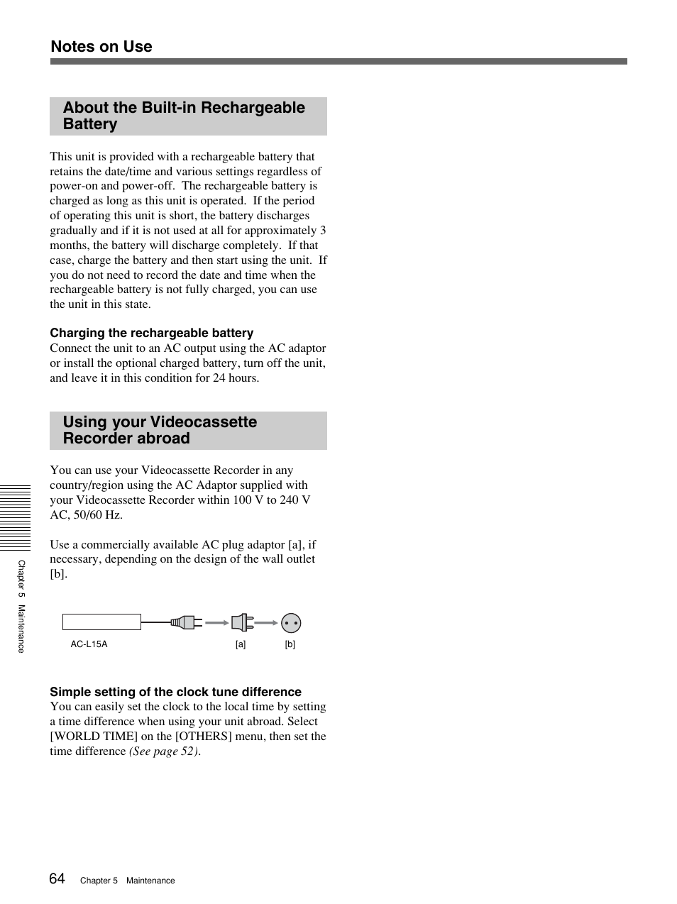 About the built-in rechargeable battery, Using your videocassette recorder abroad | Sony 1080i User Manual | Page 64 / 76