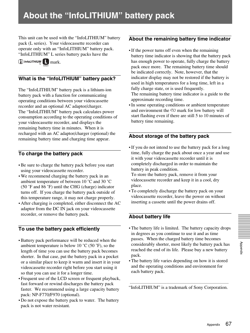 About the “infolithium” battery pack | Sony 1080i User Manual | Page 67 / 76