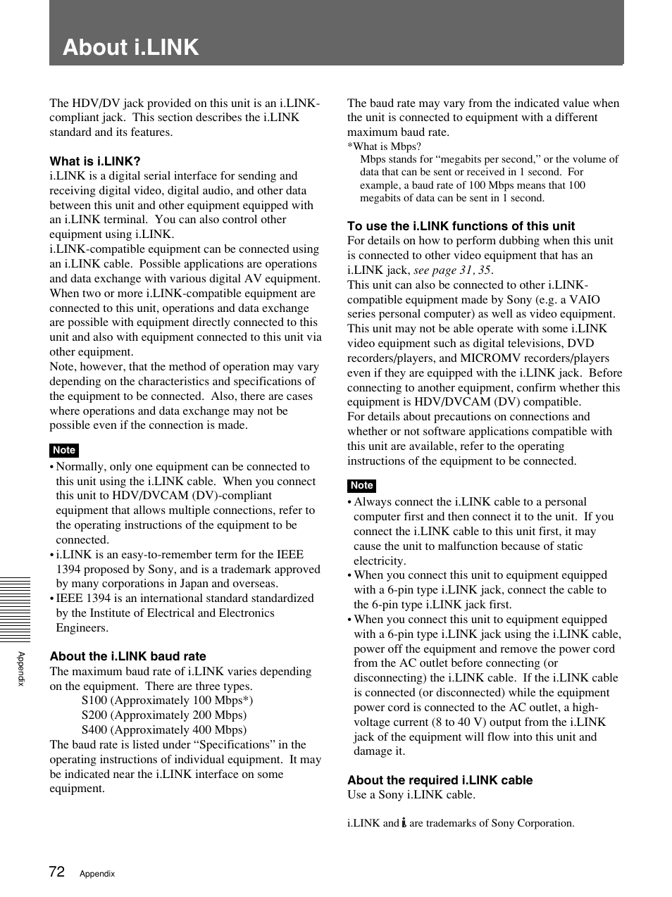 About i.link | Sony 1080i User Manual | Page 72 / 76
