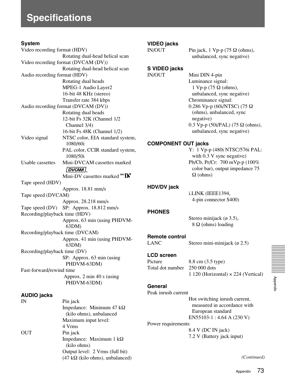 Specifications | Sony 1080i User Manual | Page 73 / 76