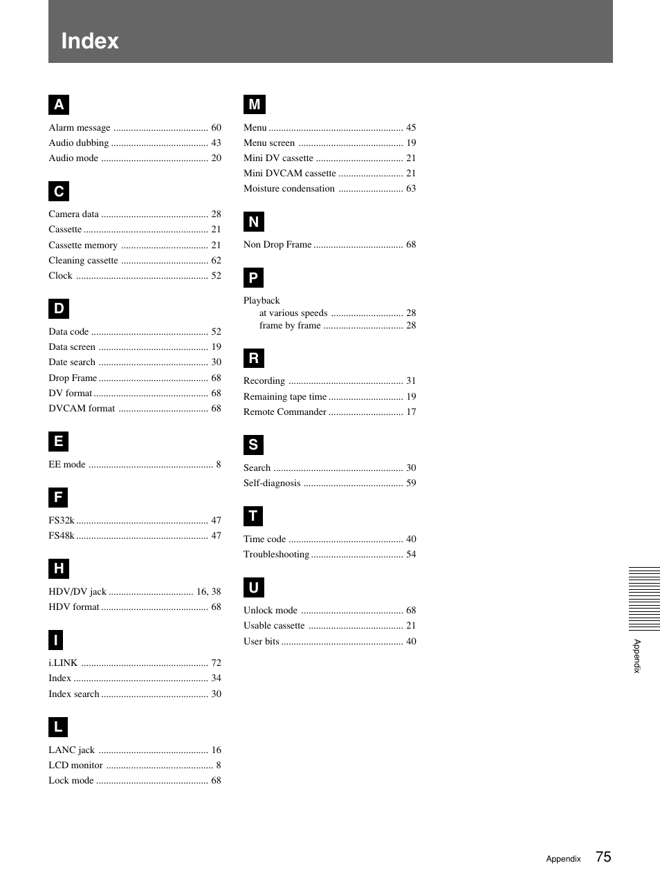 Index | Sony 1080i User Manual | Page 75 / 76