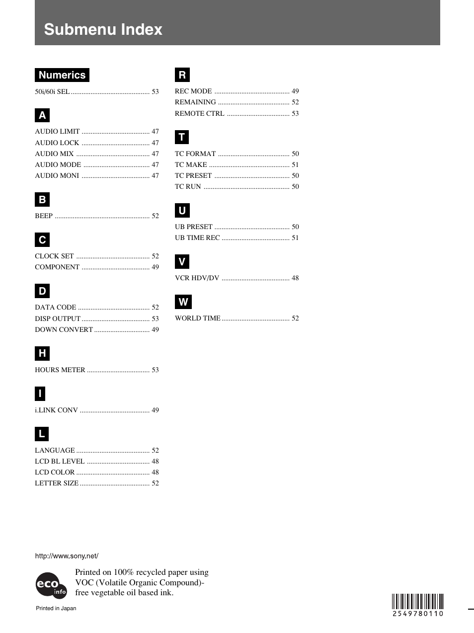 Submenu index, Numerics | Sony 1080i User Manual | Page 76 / 76