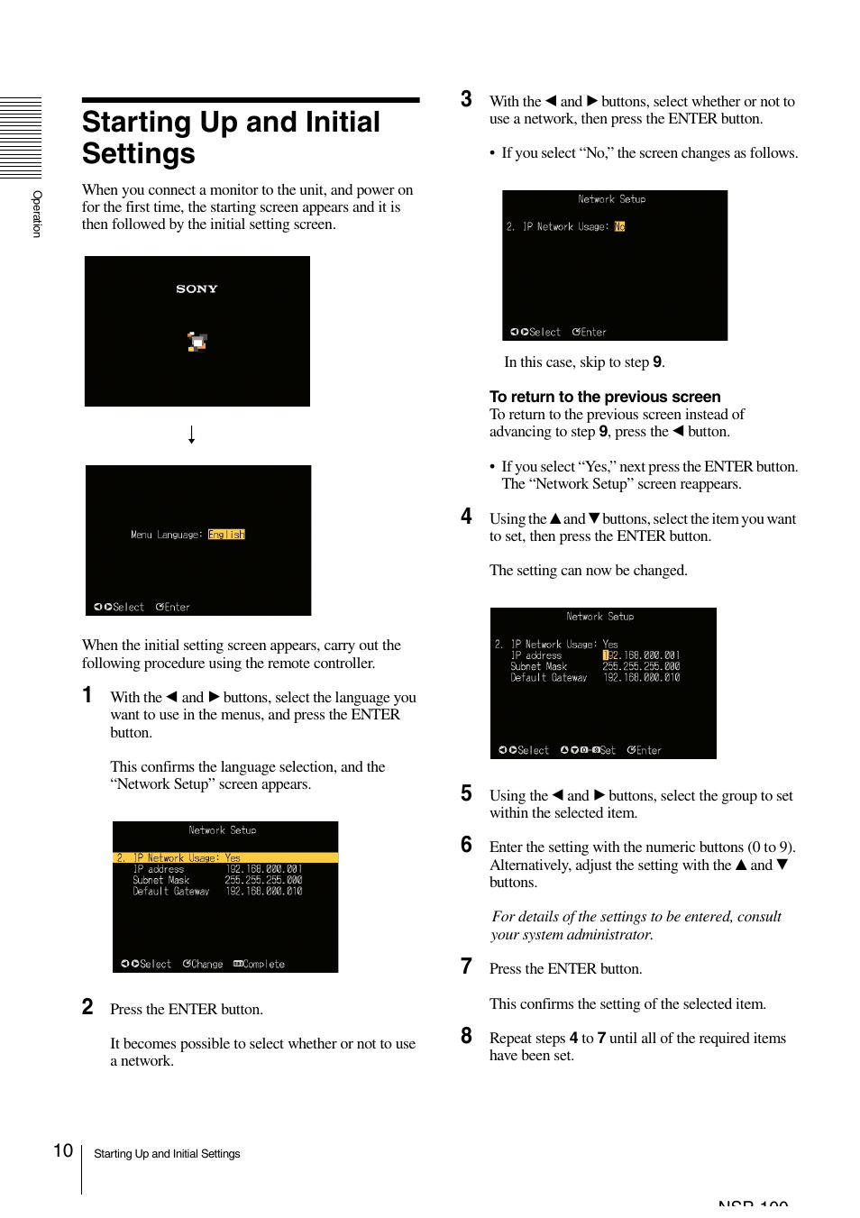 Starting up and initial settings | Sony NSP-100 User Manual | Page 10 / 29