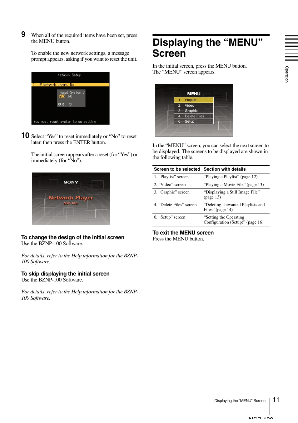 Displaying the “menu” screen | Sony NSP-100 User Manual | Page 11 / 29