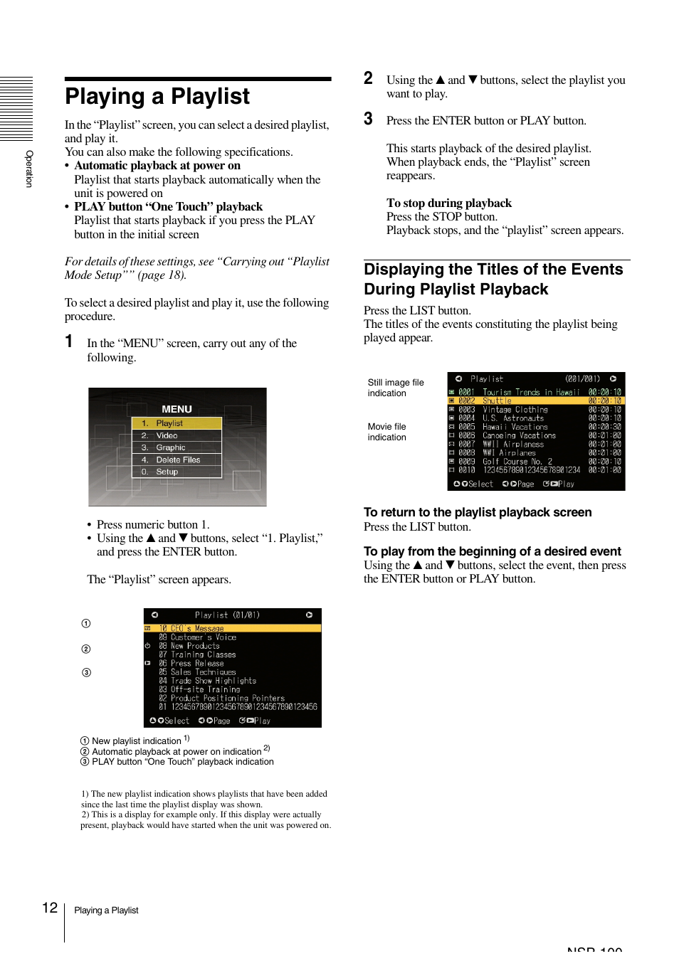 Playing a playlist, Playback | Sony NSP-100 User Manual | Page 12 / 29