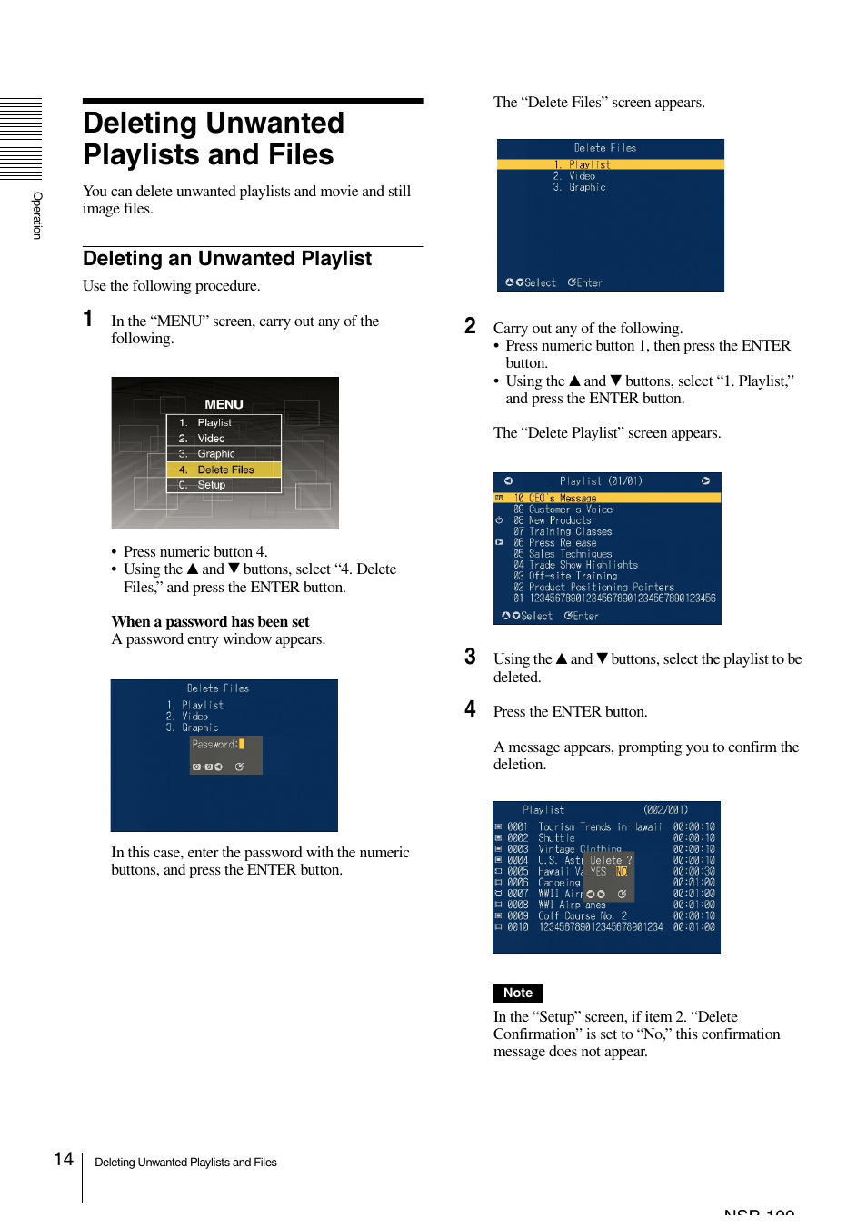 Deleting unwanted playlists and files, Deleting an unwanted playlist | Sony NSP-100 User Manual | Page 14 / 29
