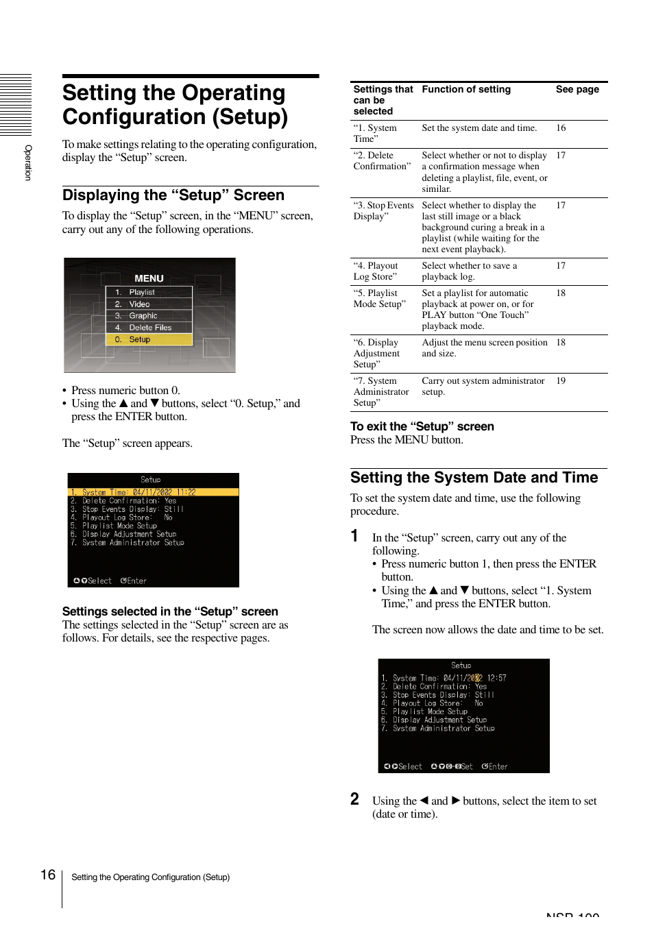 Setting the operating configuration (setup), Displaying the “setup” screen, Setting the system date and time | Sony NSP-100 User Manual | Page 16 / 29
