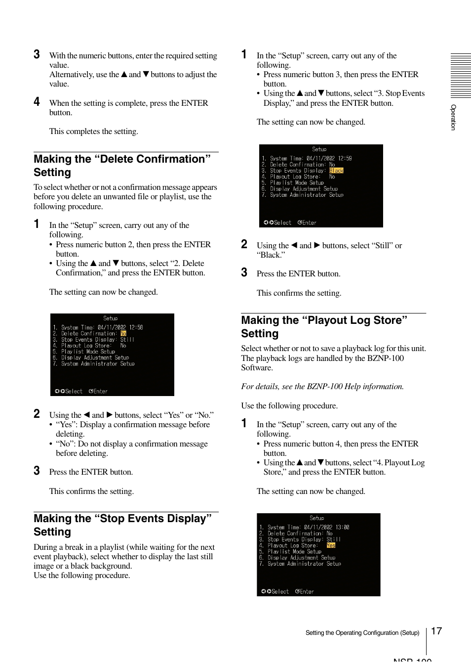 Making the “delete confirmation” setting, Making the “stop events display” setting, Making the “playout log store” setting | Sony NSP-100 User Manual | Page 17 / 29