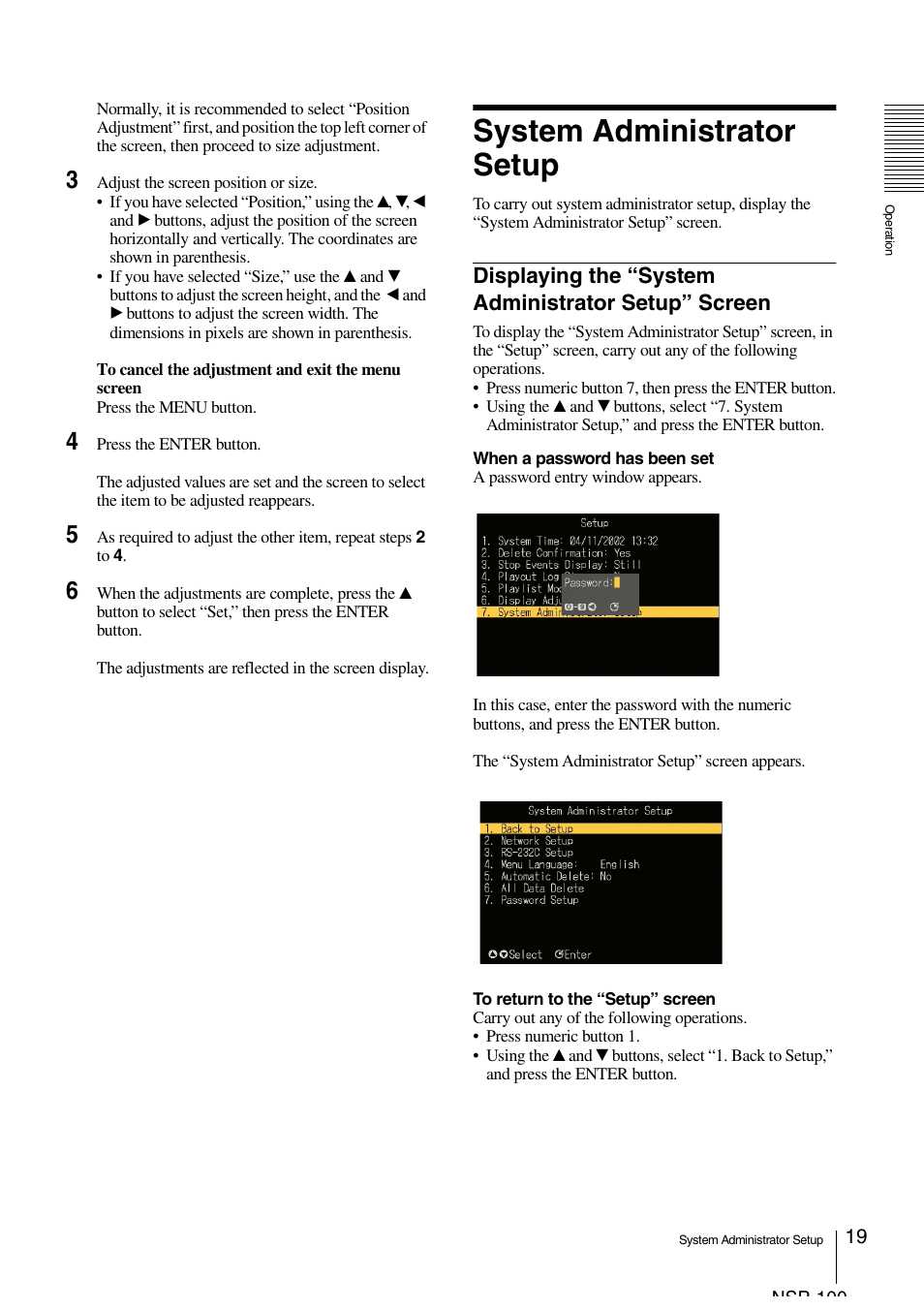 System administrator setup, Displaying the “system administrator setup” screen, Displaying the “system administrator setup | Screen | Sony NSP-100 User Manual | Page 19 / 29