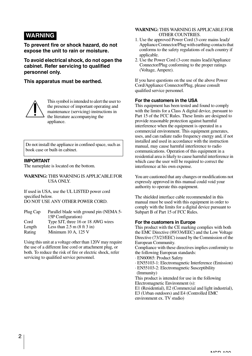 Warning | Sony NSP-100 User Manual | Page 2 / 29