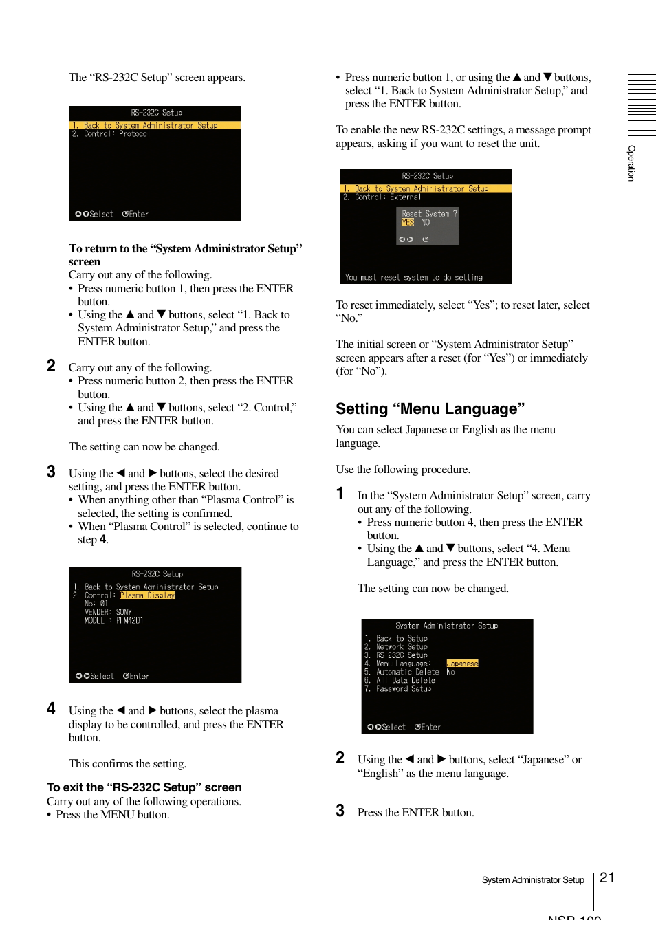 Setting “menu language | Sony NSP-100 User Manual | Page 21 / 29