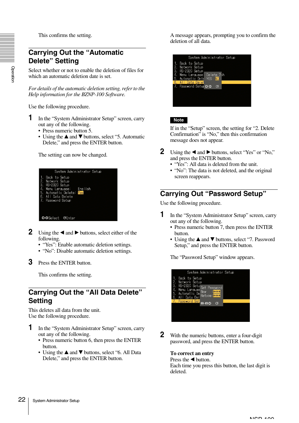 Carrying out the “automatic delete” setting, Carrying out the “all data delete” setting, Carrying out “password setup | Sony NSP-100 User Manual | Page 22 / 29