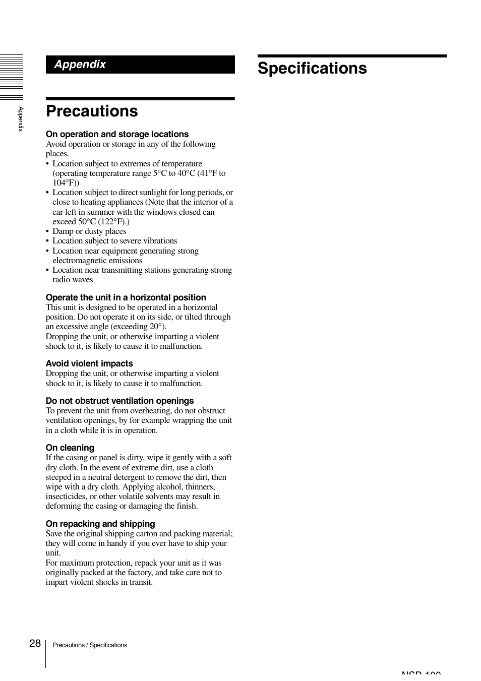 Appendix, Precautions, Specifications | Precautions specifications | Sony NSP-100 User Manual | Page 28 / 29