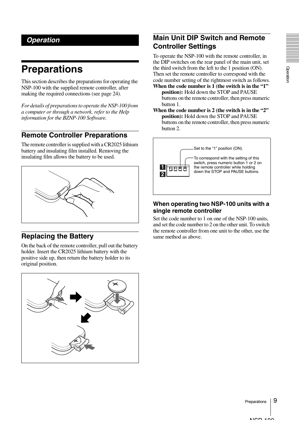 Operation, Preparations, Remote controller preparations | Replacing the battery, Settings | Sony NSP-100 User Manual | Page 9 / 29
