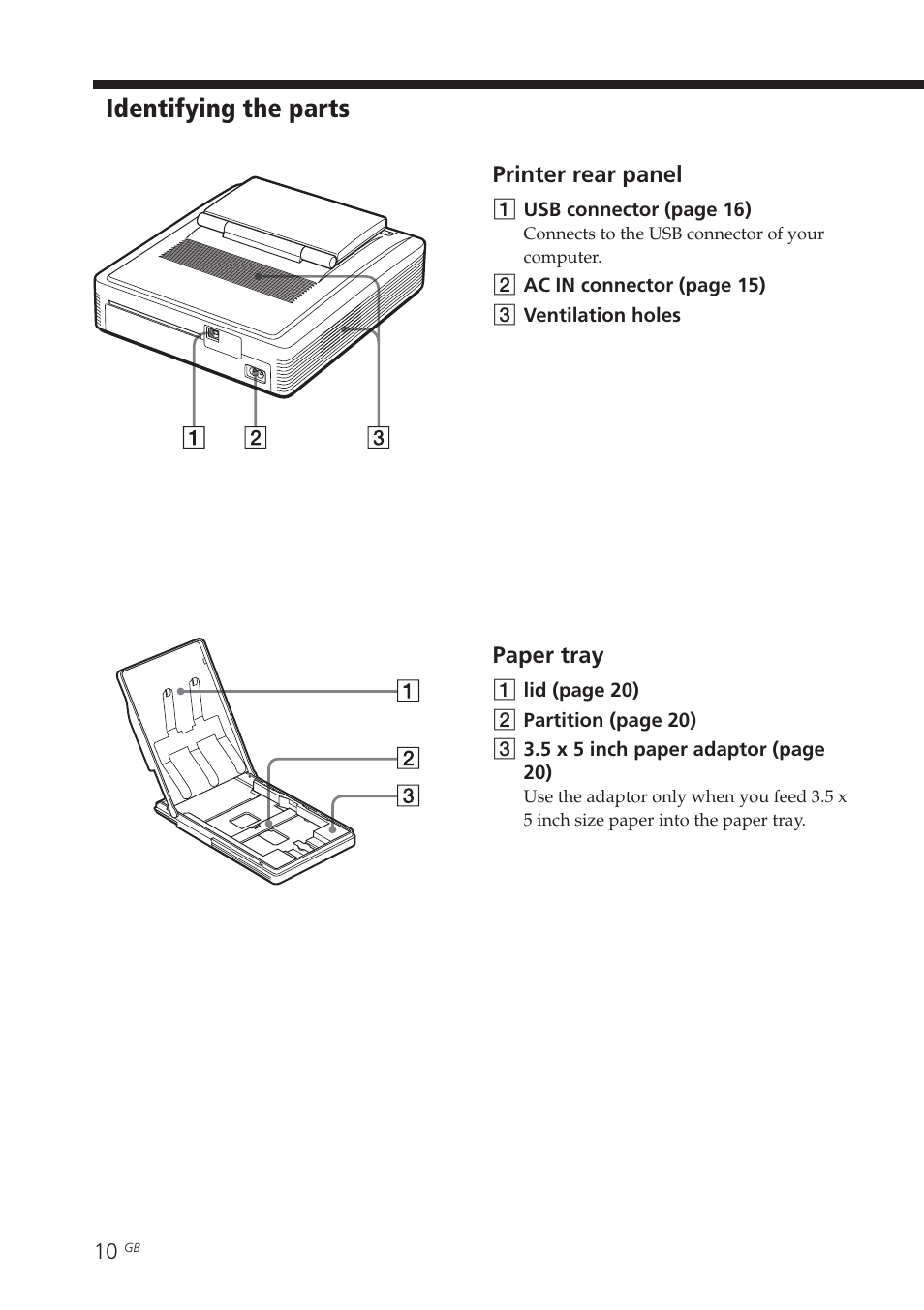 Paper tray, Identifying the parts | Sony DPP-EX7 User Manual | Page 10 / 99