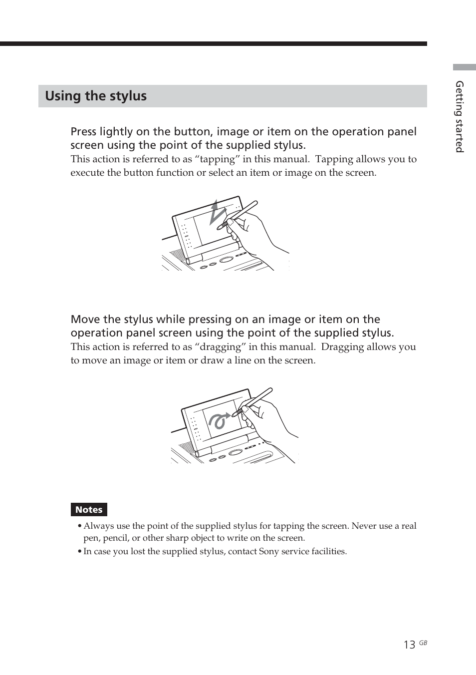 Using the stylus, Dragging, Stylus | Tapping | Sony DPP-EX7 User Manual | Page 13 / 99