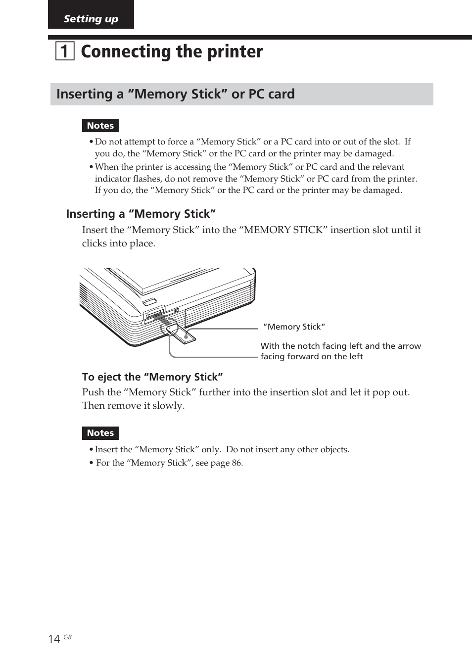 Setting up, 1 connecting the printer, Inserting a “memory stick” or pc card | Inserting/removing, Connecting the printer, 1connecting the printer | Sony DPP-EX7 User Manual | Page 14 / 99