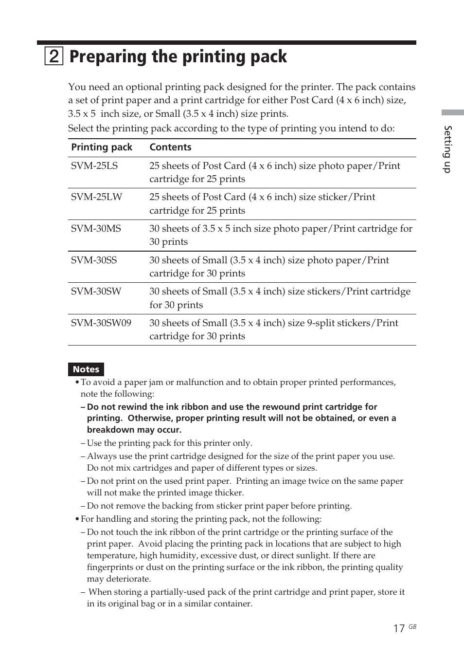 2 preparing the printing pack, 5 x 5 inch size, Post card size | Print cartridge, Print paper, Printing pack, Small size, Preparing the printing pack, 2preparing the printing pack | Sony DPP-EX7 User Manual | Page 17 / 99