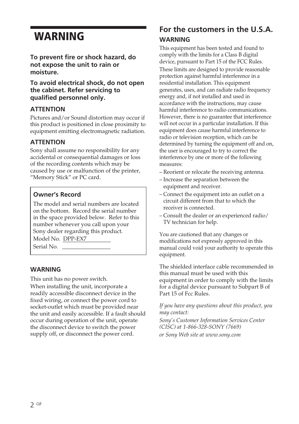 Warning, For the customers in the u.s.a | Sony DPP-EX7 User Manual | Page 2 / 99