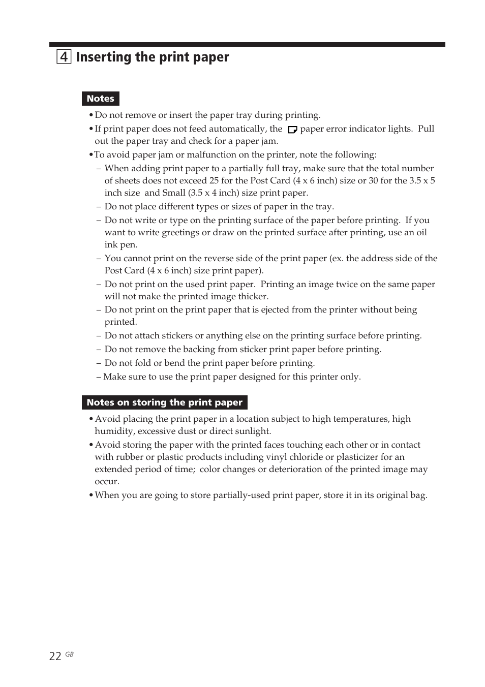 Paper error indicator, 4inserting the print paper | Sony DPP-EX7 User Manual | Page 22 / 99