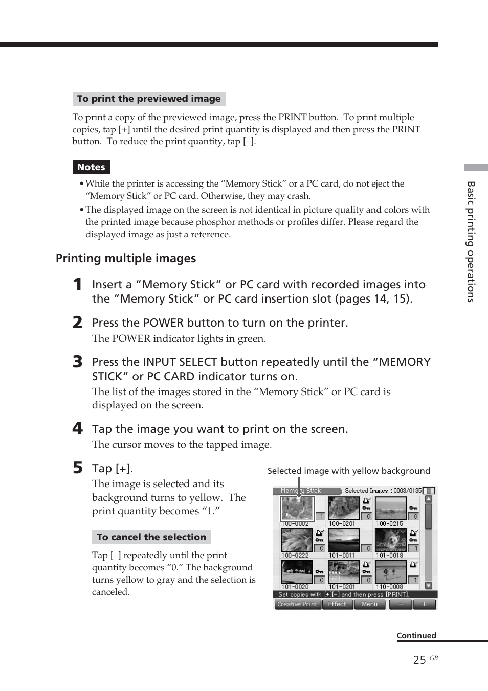 Canceling the selection, Multiple images, Selecting an image | Sony DPP-EX7 User Manual | Page 25 / 99