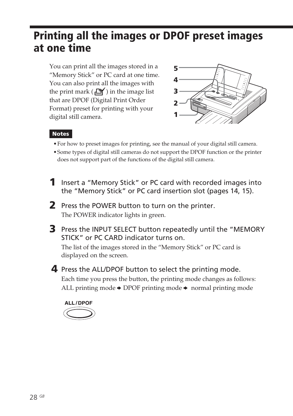 All/dpof, Dpof, Print mark | All or dpof images, Printing all the images or dpof preset, Images at one time | Sony DPP-EX7 User Manual | Page 28 / 99