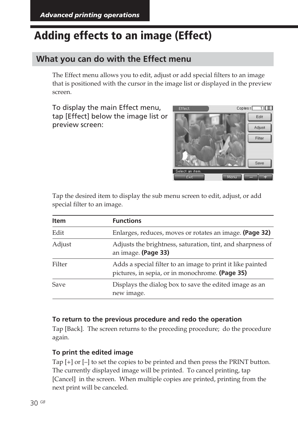 Advanced printing operations, Adding effects to an image (effect), What you can do with the effect menu | Effect menu | Sony DPP-EX7 User Manual | Page 30 / 99