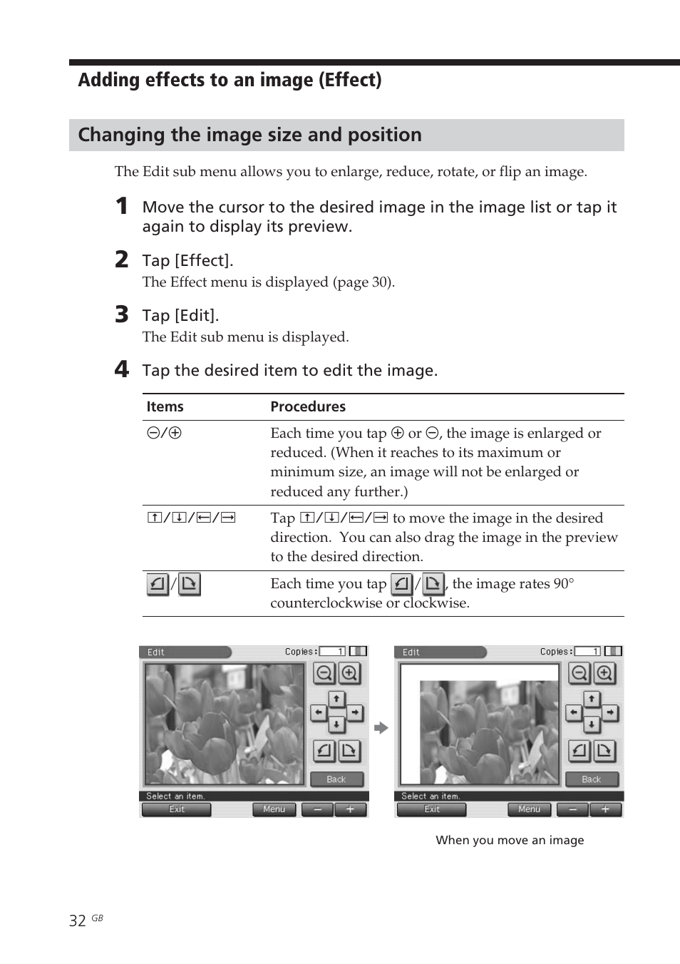 Changing the image size and position, Adjusting the image position and size, Edit | Sony DPP-EX7 User Manual | Page 32 / 99