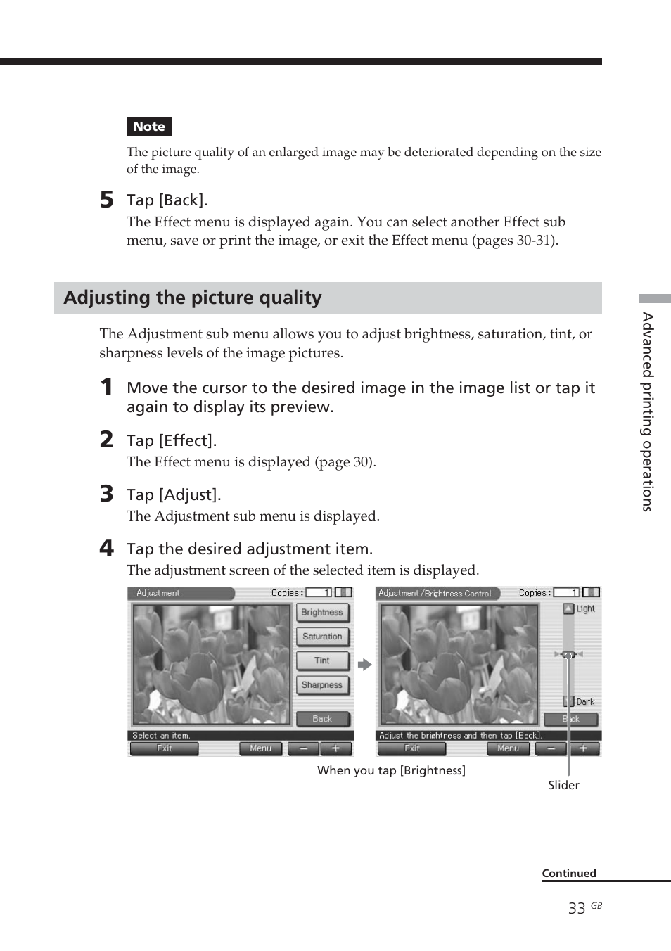 Adjusting the picture quality | Sony DPP-EX7 User Manual | Page 33 / 99