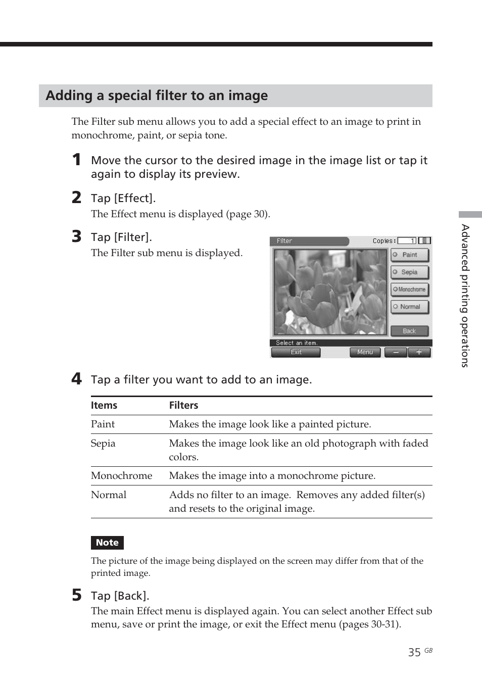 Adding a special filter to an image, Filter | Sony DPP-EX7 User Manual | Page 35 / 99