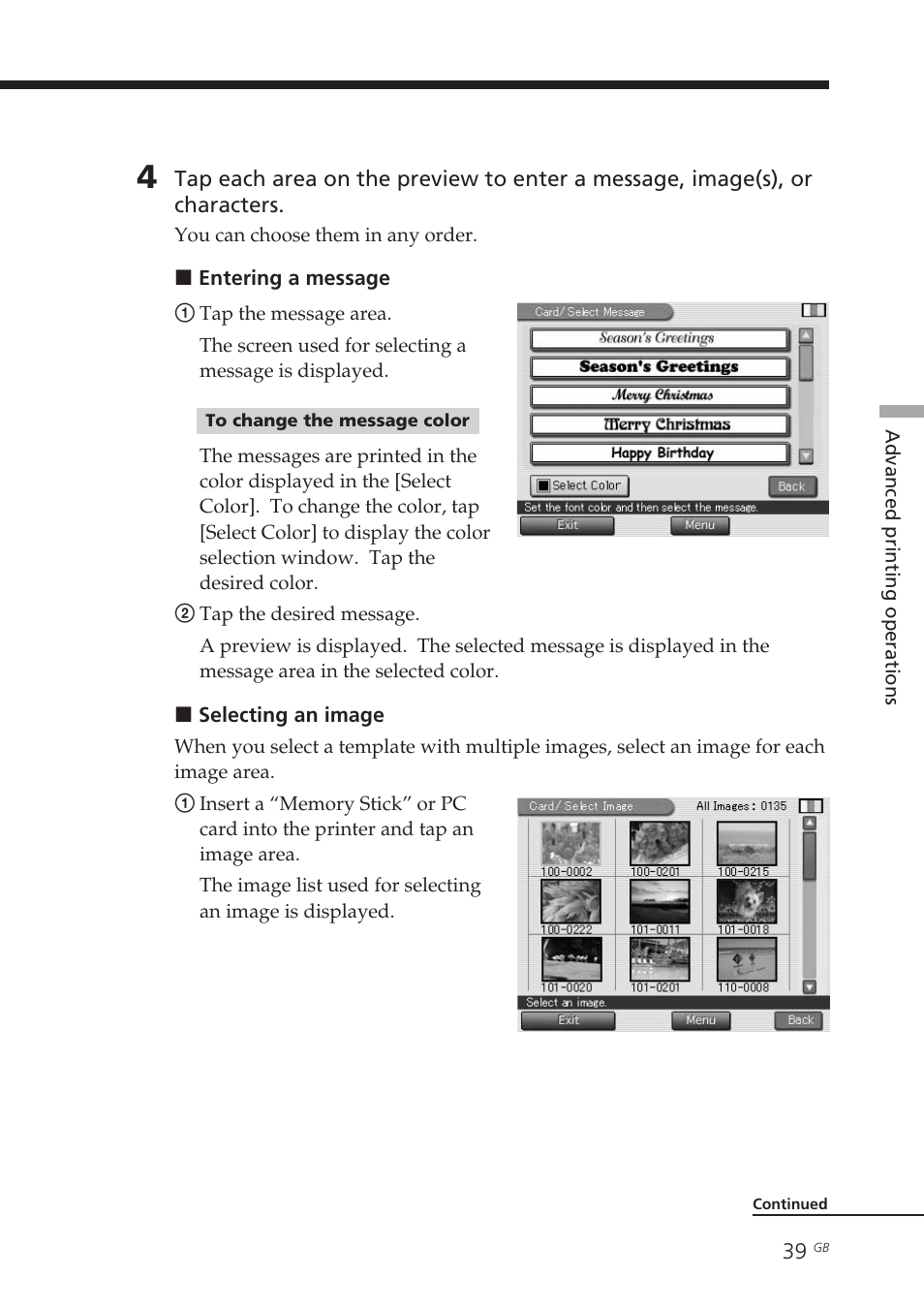 Entering a message | Sony DPP-EX7 User Manual | Page 39 / 99