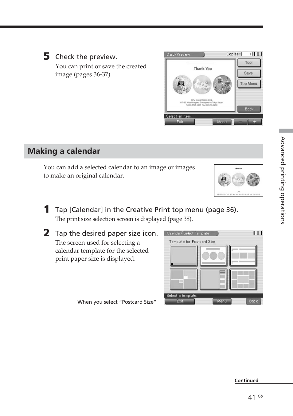 Making a calendar, Calendar | Sony DPP-EX7 User Manual | Page 41 / 99