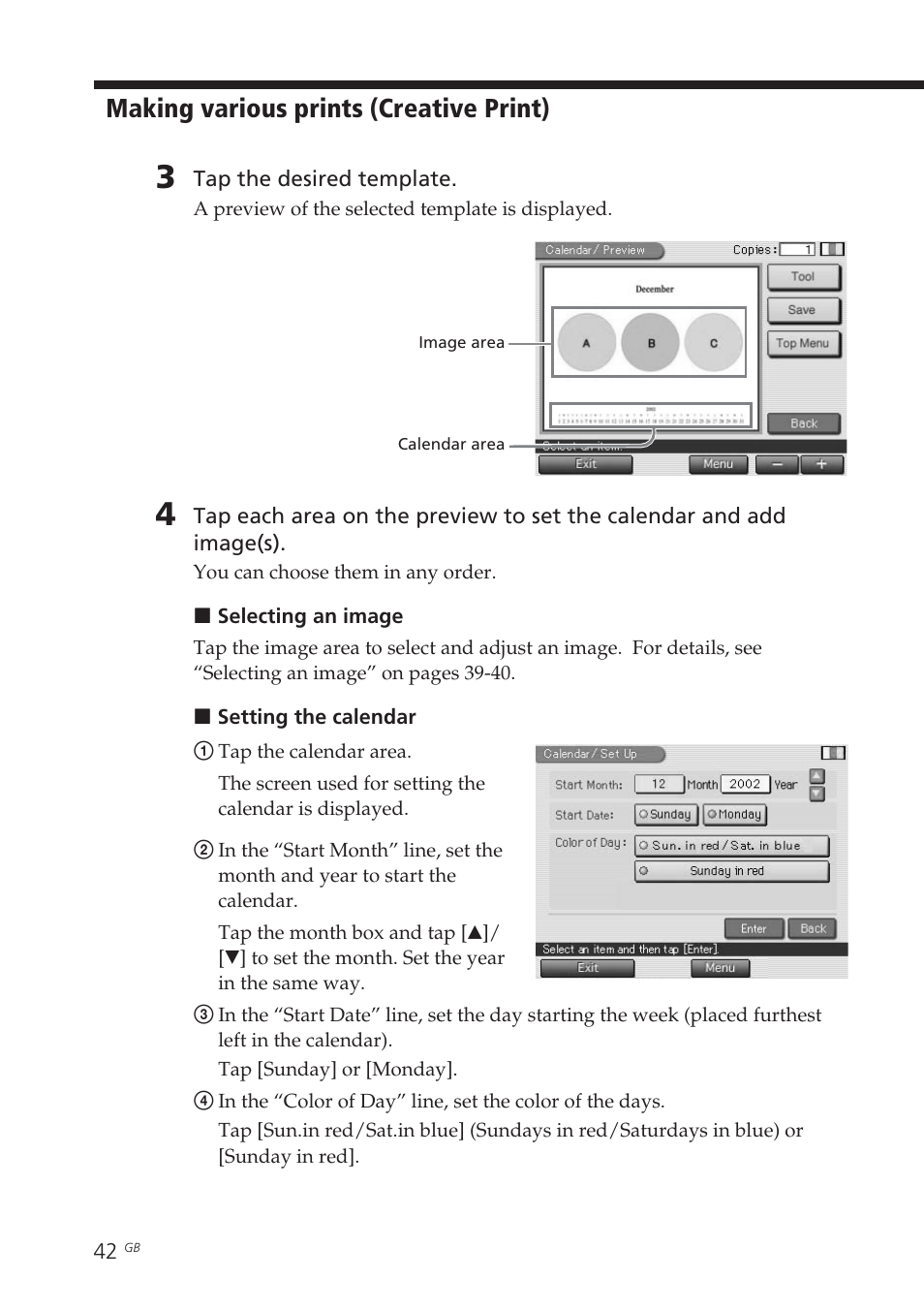 Setting the calendar, Making various prints (creative print) | Sony DPP-EX7 User Manual | Page 42 / 99