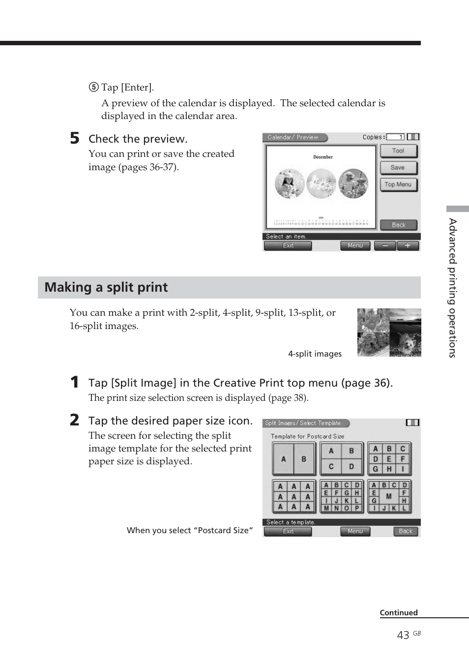 Making a split print, Split images | Sony DPP-EX7 User Manual | Page 43 / 99